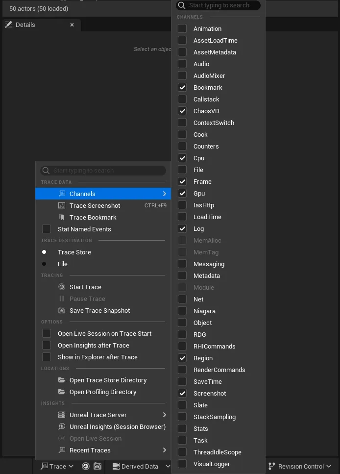 Trace menu - channel selection