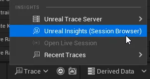 Opening the session browser via the Trace menu in the lower right of the editor