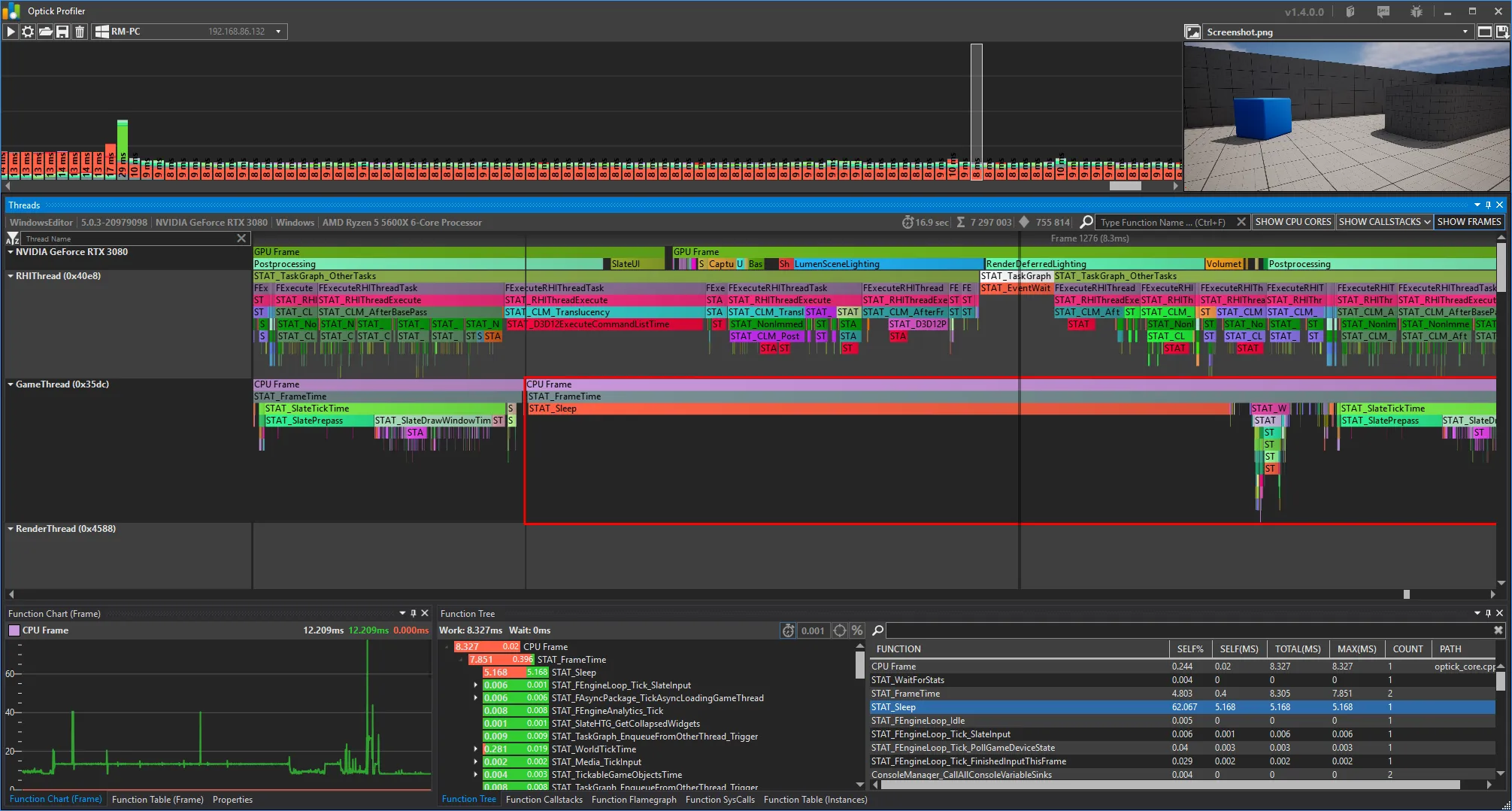 Optick profiler results captured from a fresh FPS template project