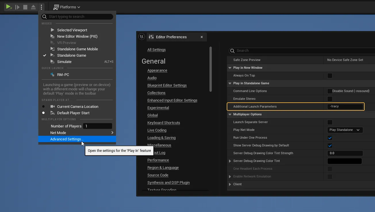 Setting the -tracy argument for Standalone Game mode